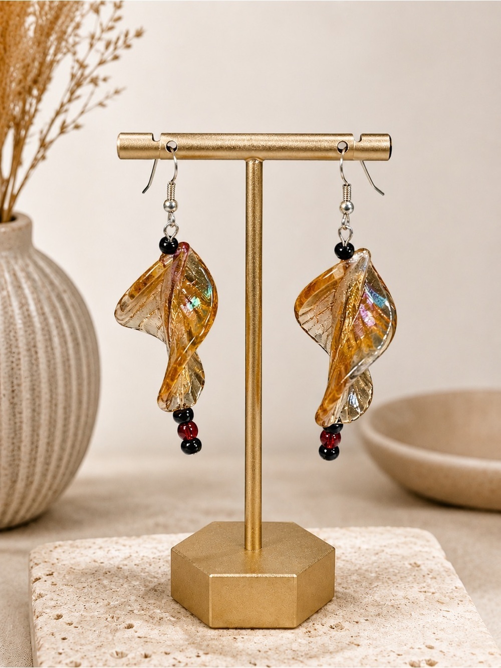 Handcrafted Amber Leaf Glass Dangle Earrings Black Red Bead Artisan Boho
